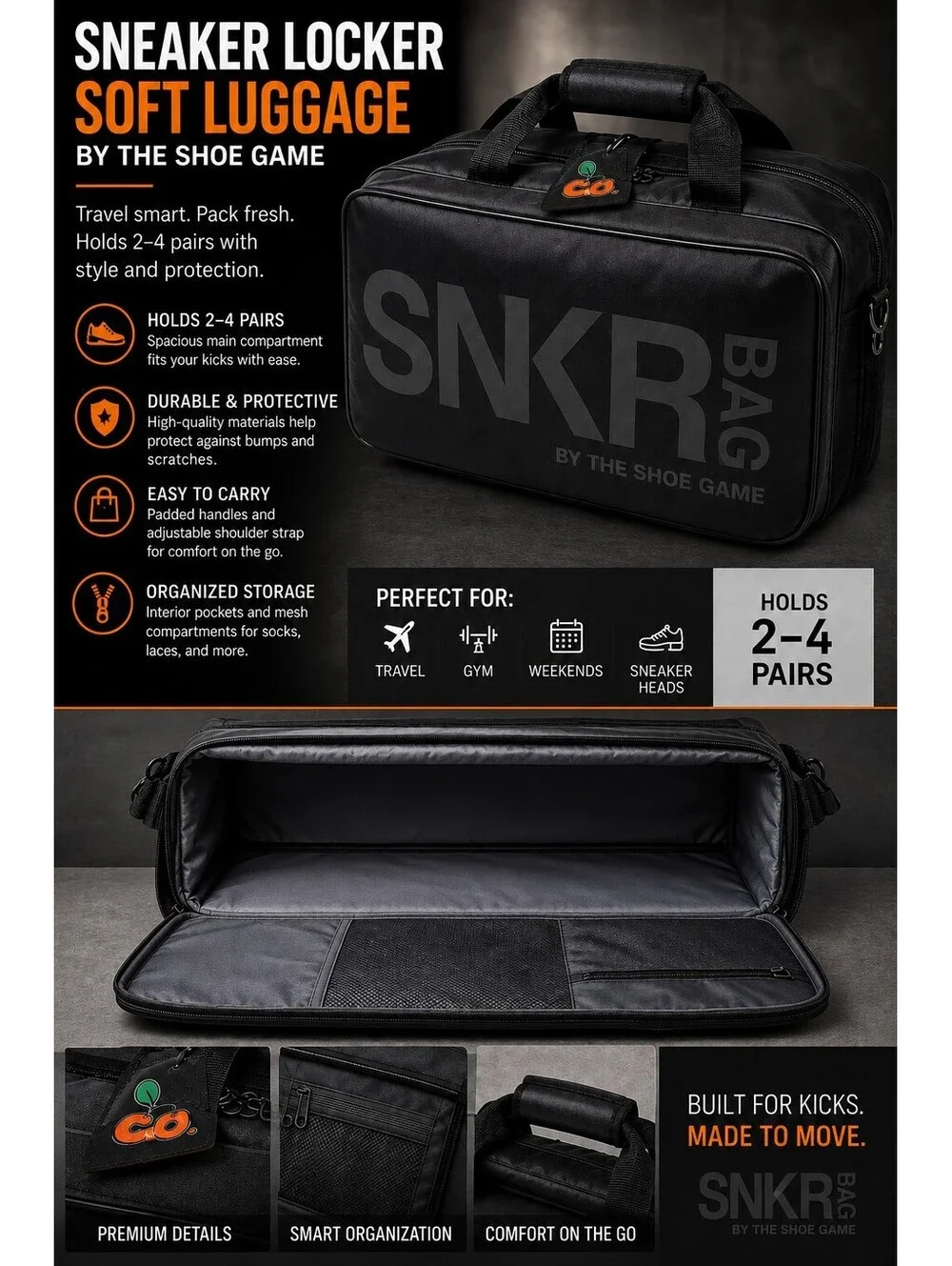 The Shoe Game Travel Duffle with strap Sneaker Locker Black 2-4 Pairs